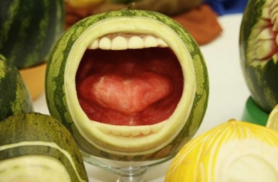 Mouth carved watermelon Mouth carved watermelon